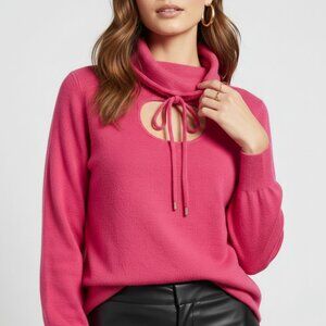 Prive Cashmere Womens Medium Key  Hole Ruched Neck Fuchsia Sweater